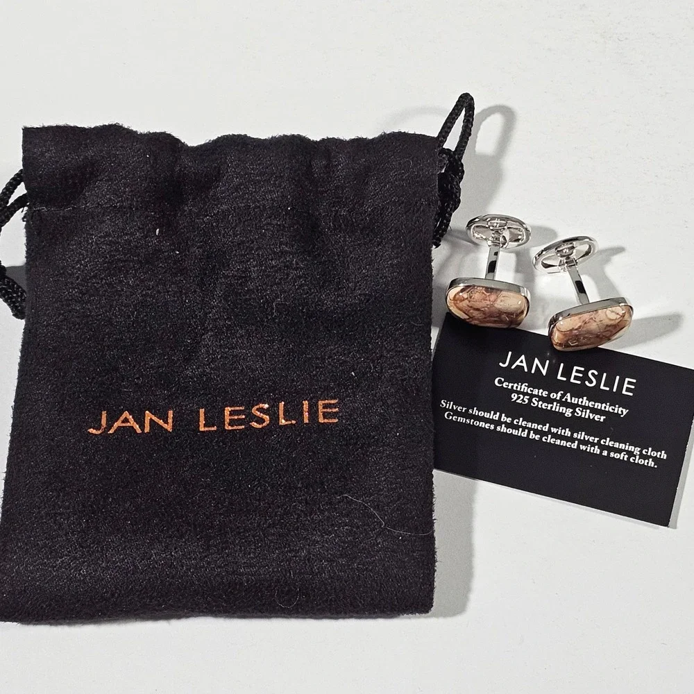 Jan Leslie Cufflinks Mens OS Brown Sterling Silver 925 Jasper Stone Rectangular
